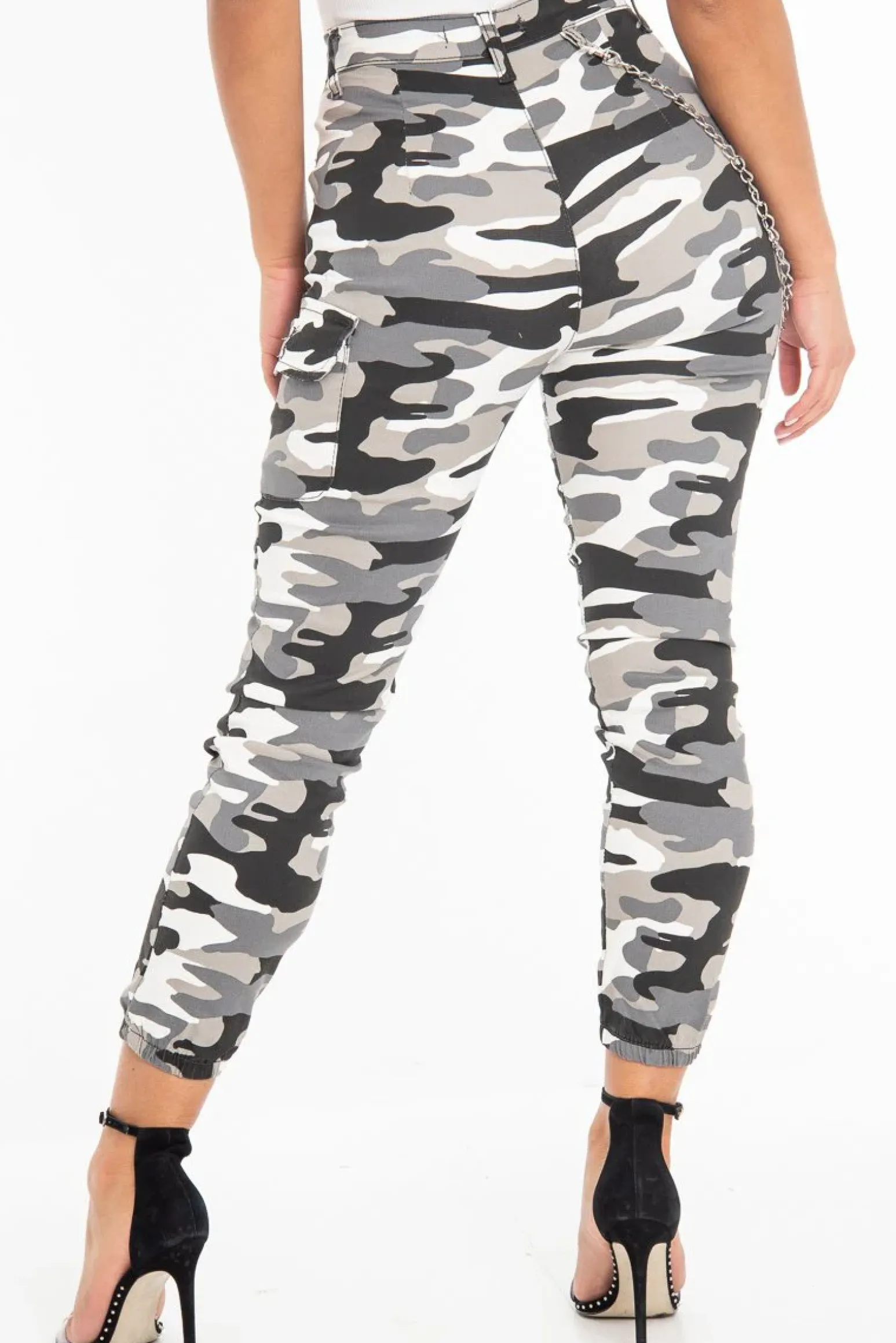 Rebellious Fashion Grey Camo Utility Pocket Chain Detail Cargo Trousers - Milly