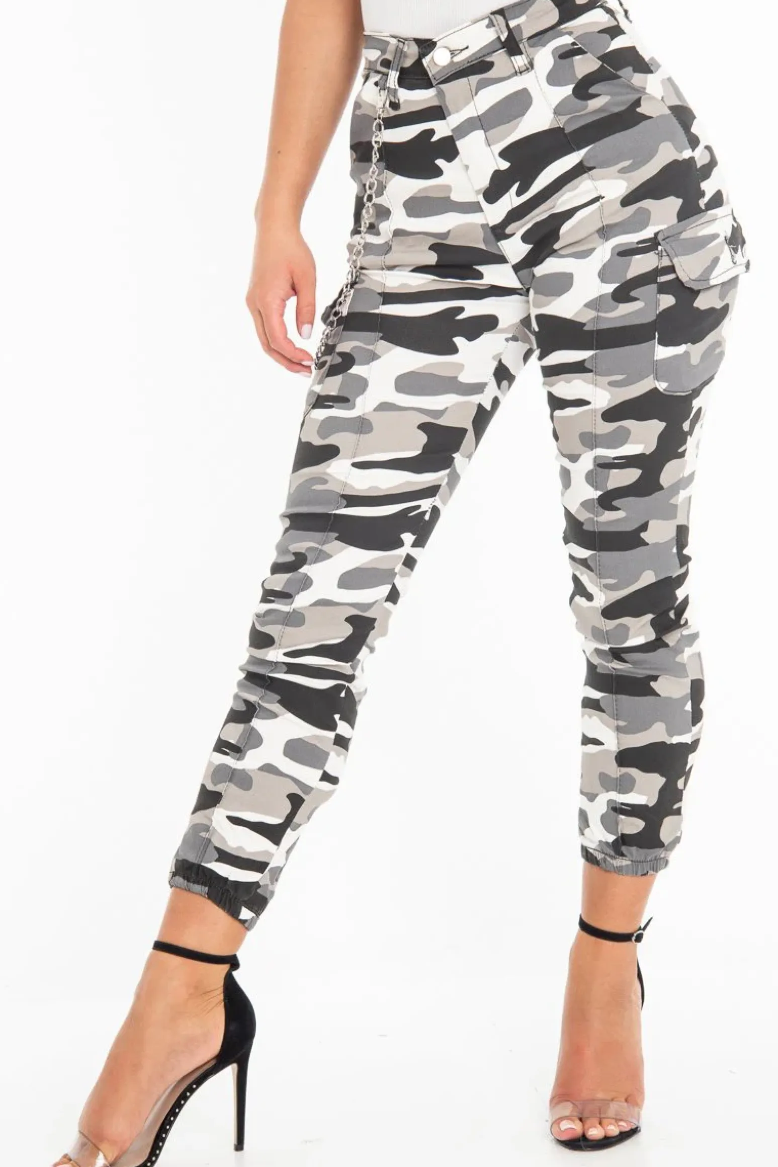 Rebellious Fashion Grey Camo Utility Pocket Chain Detail Cargo Trousers - Milly