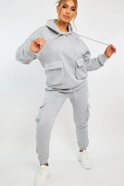 Rebellious Fashion Grey Cargo Pocket Hoodie and Joggers Tracksuit - Aafiya