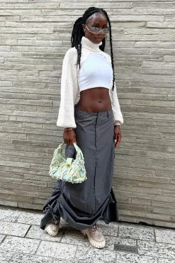 Rebellious Fashion Grey Cargo Side Ruched Maxi Skirt - Nikita