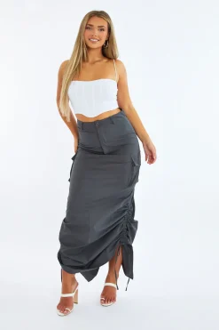 Rebellious Fashion Grey Cargo Side Ruched Maxi Skirt - Nikita
