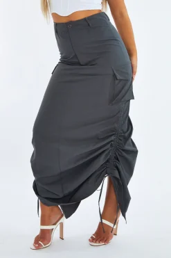 Rebellious Fashion Grey Cargo Side Ruched Maxi Skirt - Nikita