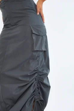 Rebellious Fashion Grey Cargo Side Ruched Maxi Skirt - Nikita