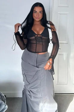 Rebellious Fashion Grey Cargo Side Ruched Maxi Skirt - Nikita