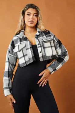 Rebellious Fashion Grey Checked Button Up Cropped Shacket - Lauren
