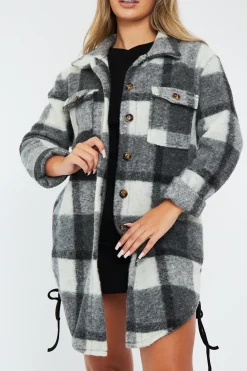 Rebellious Fashion Grey Checked Pocket Front Shacket - Dalani