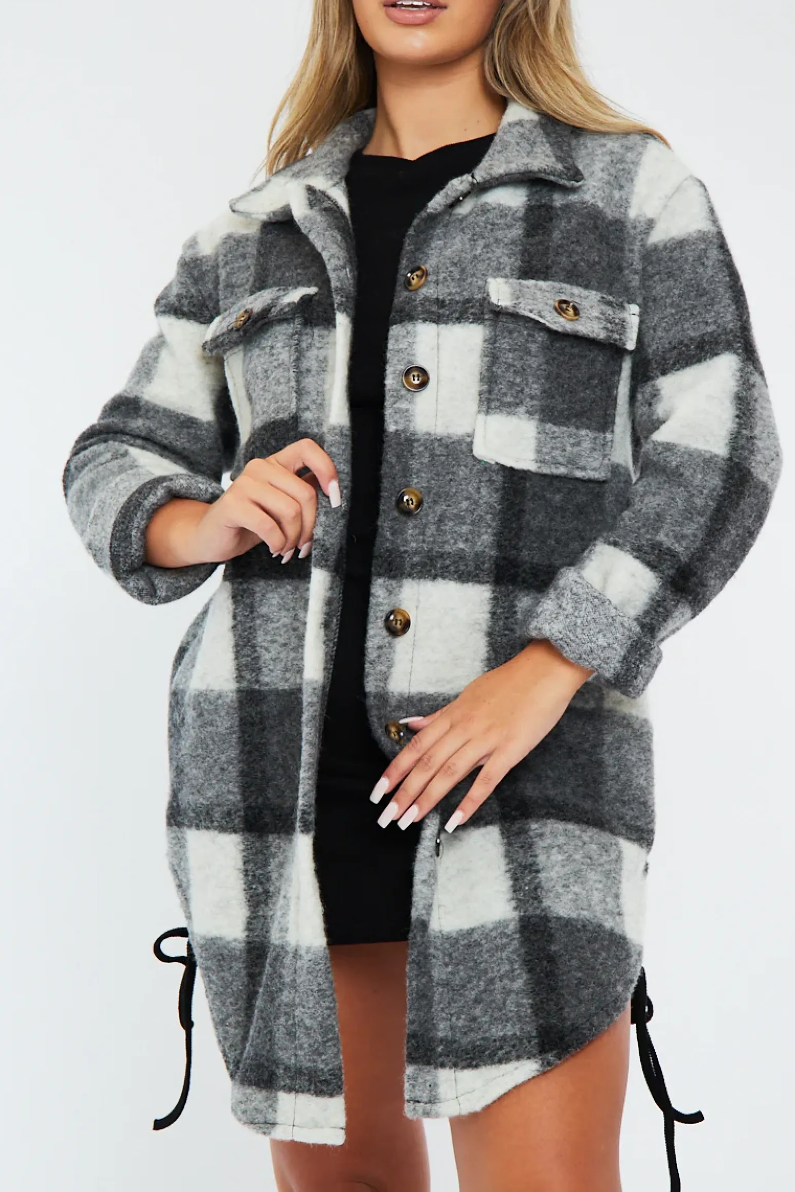 Rebellious Fashion Grey Checked Pocket Front Shacket - Dalani