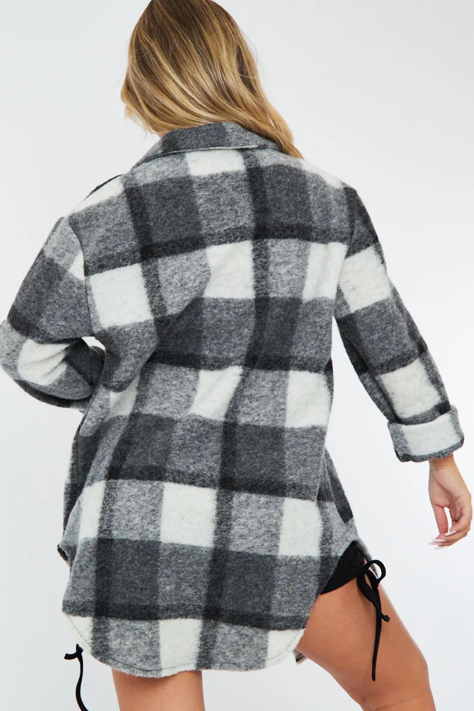 Rebellious Fashion Grey Checked Pocket Front Shacket - Dalani