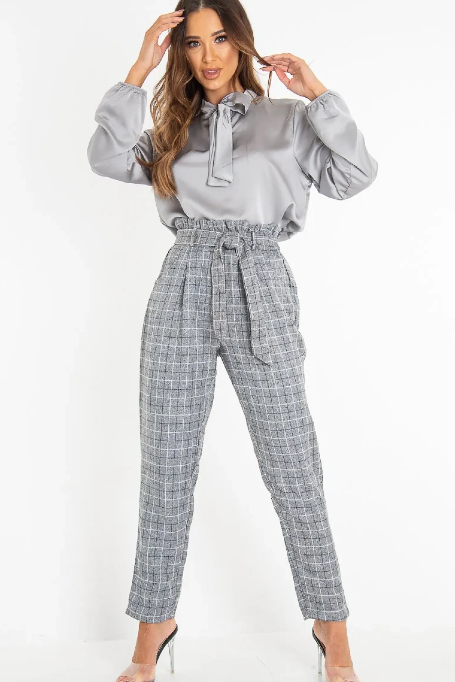 Rebellious Fashion Grey Check Paper Bag Trousers - Irma