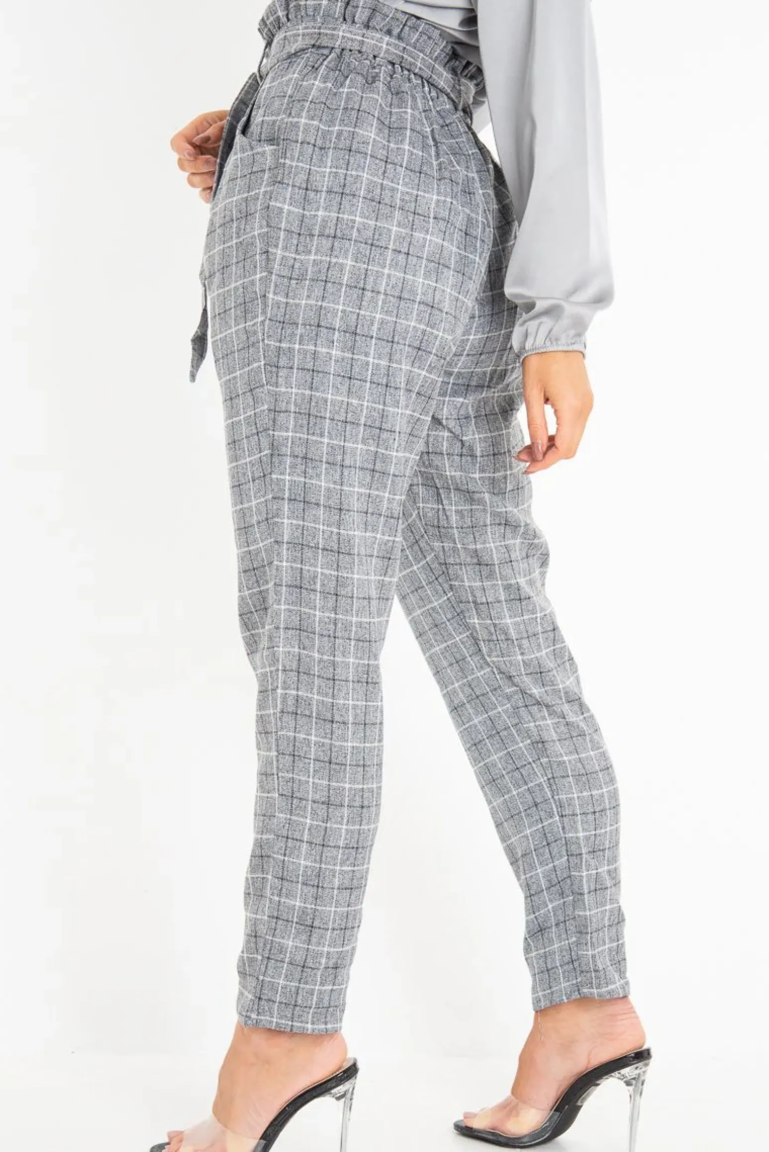 Rebellious Fashion Grey Check Paper Bag Trousers - Irma