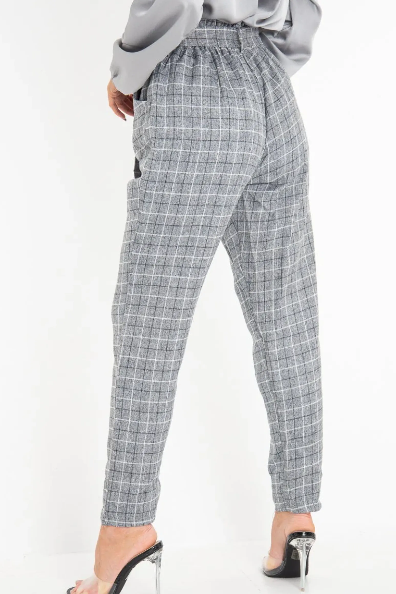 Rebellious Fashion Grey Check Paper Bag Trousers - Irma