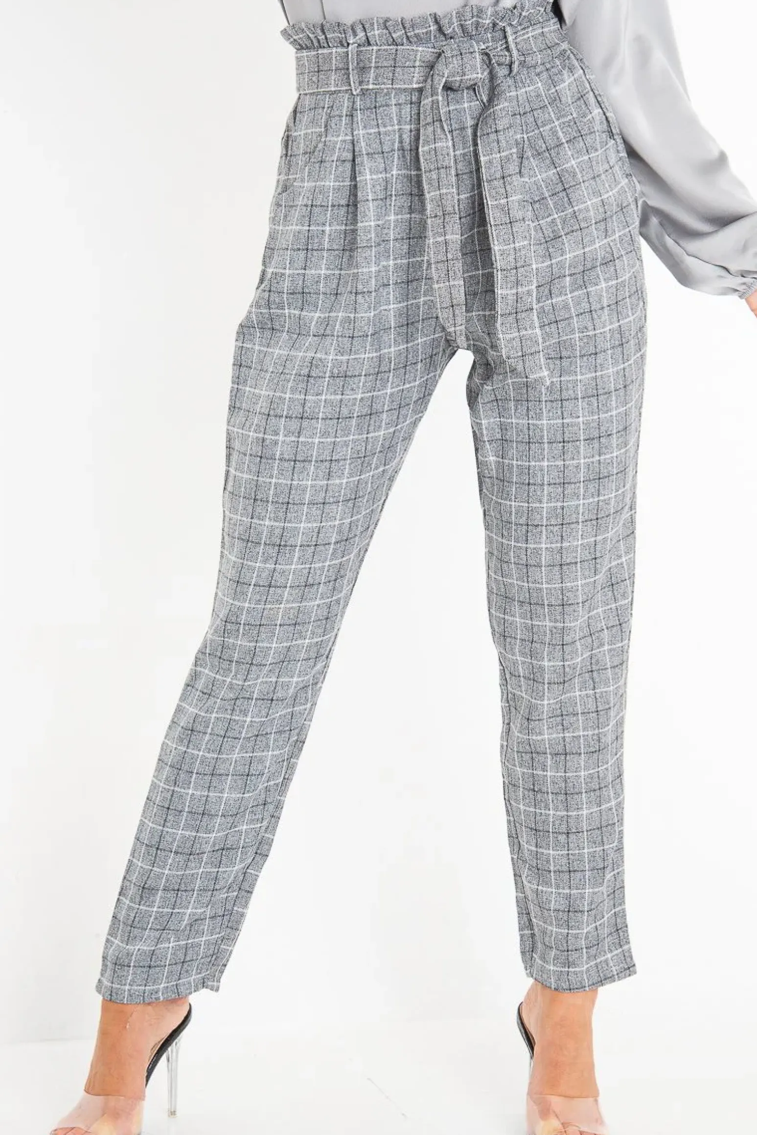 Rebellious Fashion Grey Check Paper Bag Trousers - Irma