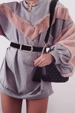 Rebellious Fashion Grey Chevron Fur Jumper Dress - Esme