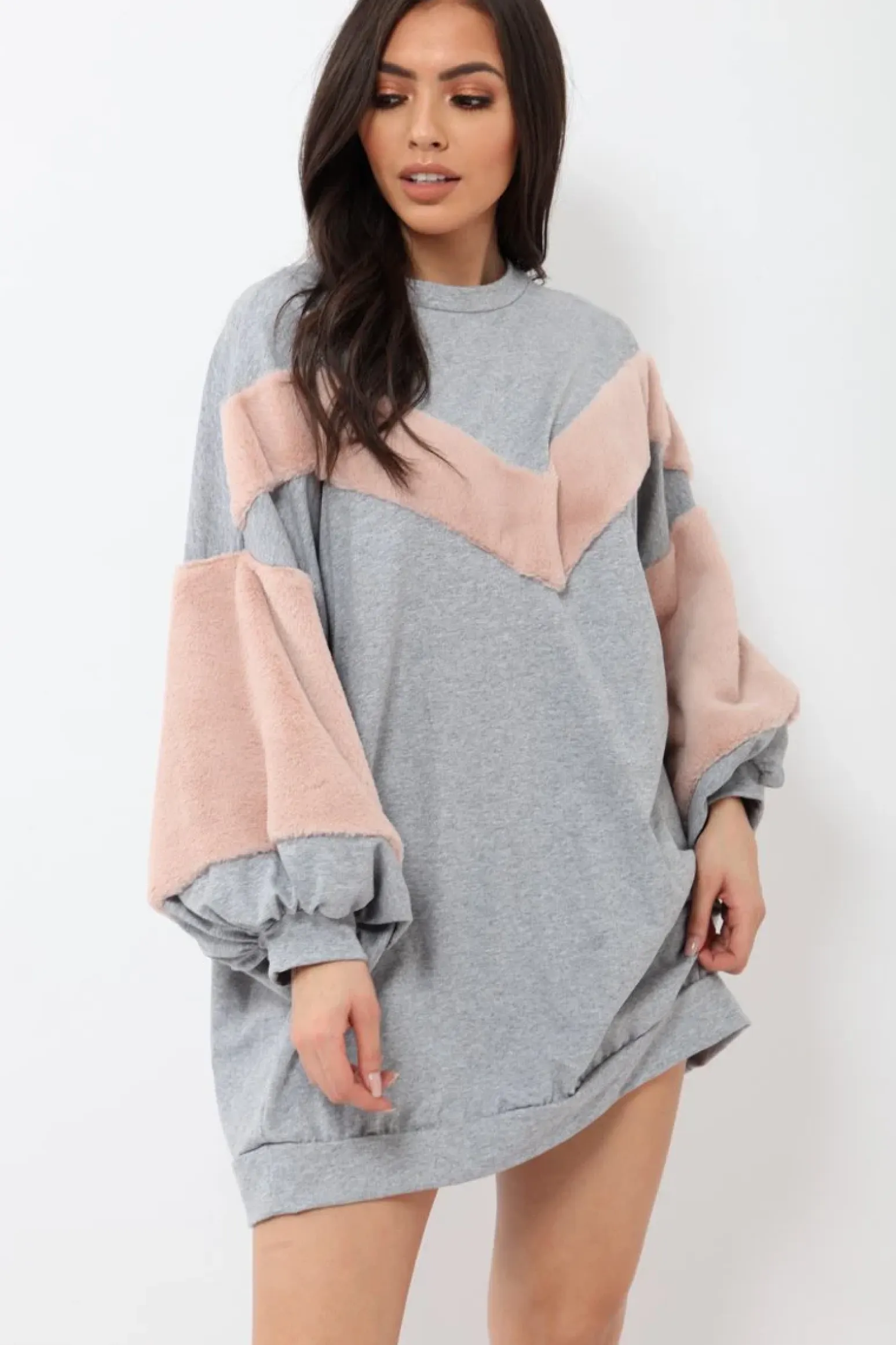 Rebellious Fashion Grey Chevron Fur Jumper Dress - Esme