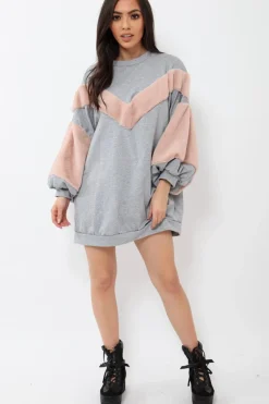 Rebellious Fashion Grey Chevron Fur Jumper Dress - Esme