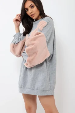 Rebellious Fashion Grey Chevron Fur Jumper Dress - Esme