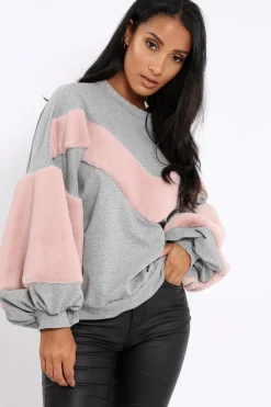 Rebellious Fashion Grey Chevron Fur Jumper - Lara