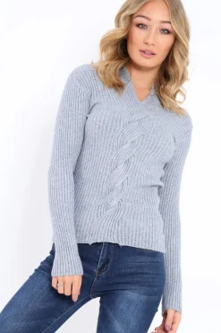 Rebellious Fashion Grey Choker Twist Knit Jumper - Maya