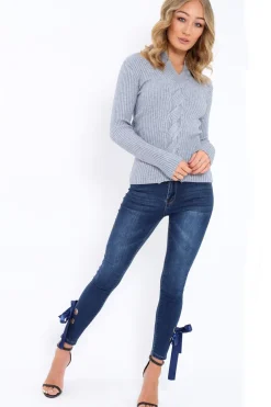 Rebellious Fashion Grey Choker Twist Knit Jumper - Maya