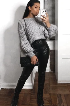 Rebellious Fashion Grey Chunky Knit Balloon Sleeve Jumper - Rielynn