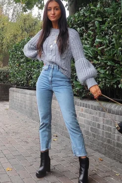 Rebellious Fashion Grey Chunky Knit Balloon Sleeve Jumper - Rielynn