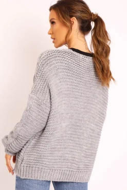 Rebellious Fashion Grey Chunky Knit Cable Pattern Cardigan - Luna