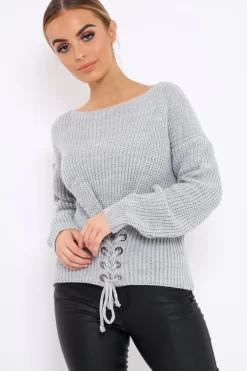 Rebellious Fashion Grey Chunky Knit Corset Waist Knitted Jumper - Mikayla