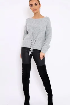 Rebellious Fashion Grey Chunky Knit Corset Waist Knitted Jumper - Mikayla