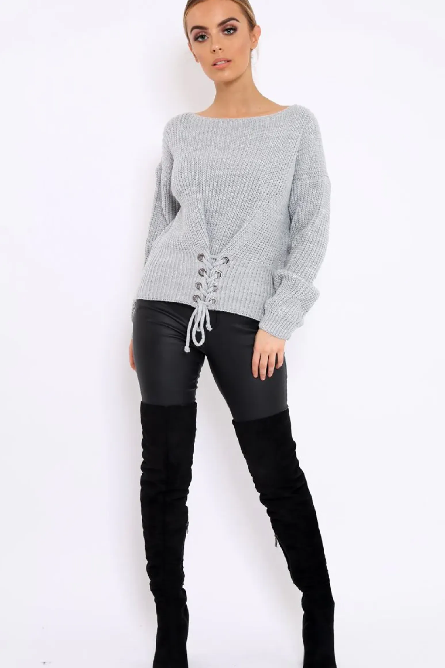Rebellious Fashion Grey Chunky Knit Corset Waist Knitted Jumper - Mikayla