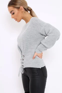 Rebellious Fashion Grey Chunky Knit Corset Waist Knitted Jumper - Mikayla