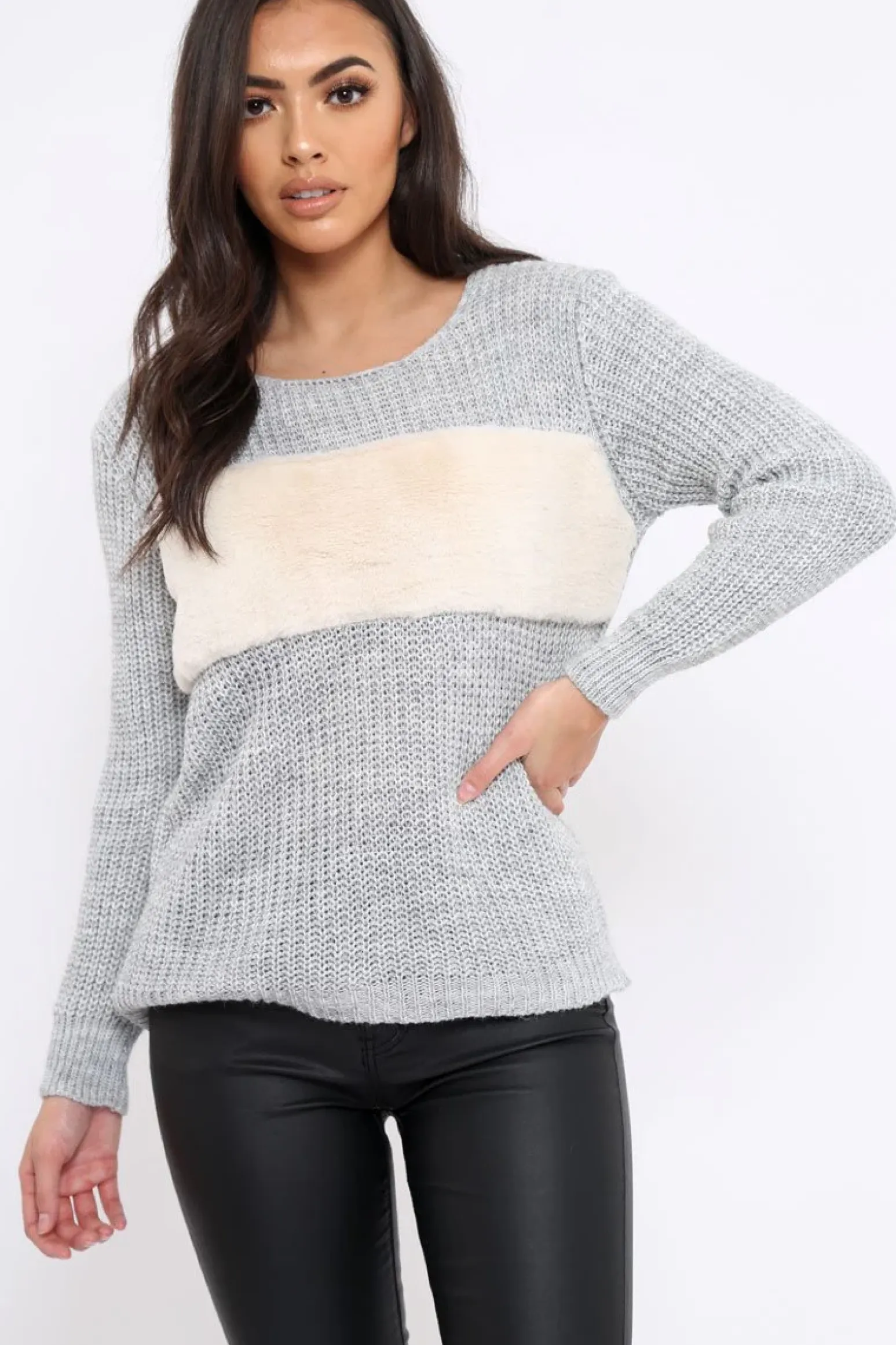 Rebellious Fashion Grey Chunky Knit Faux Fur Front Panel Jumper - Ophelia