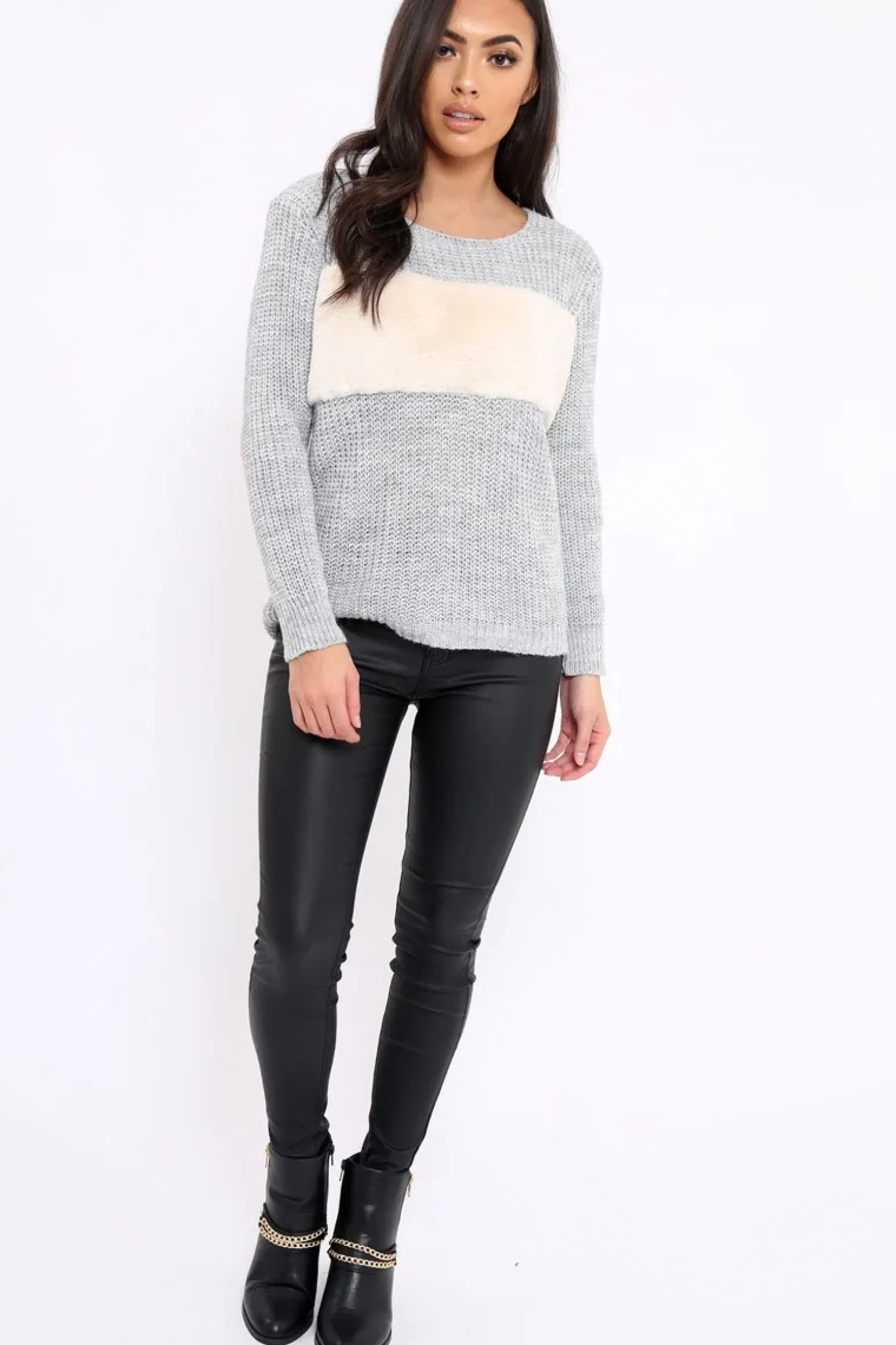Rebellious Fashion Grey Chunky Knit Faux Fur Front Panel Jumper - Ophelia