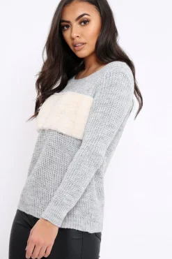 Rebellious Fashion Grey Chunky Knit Faux Fur Front Panel Jumper - Ophelia