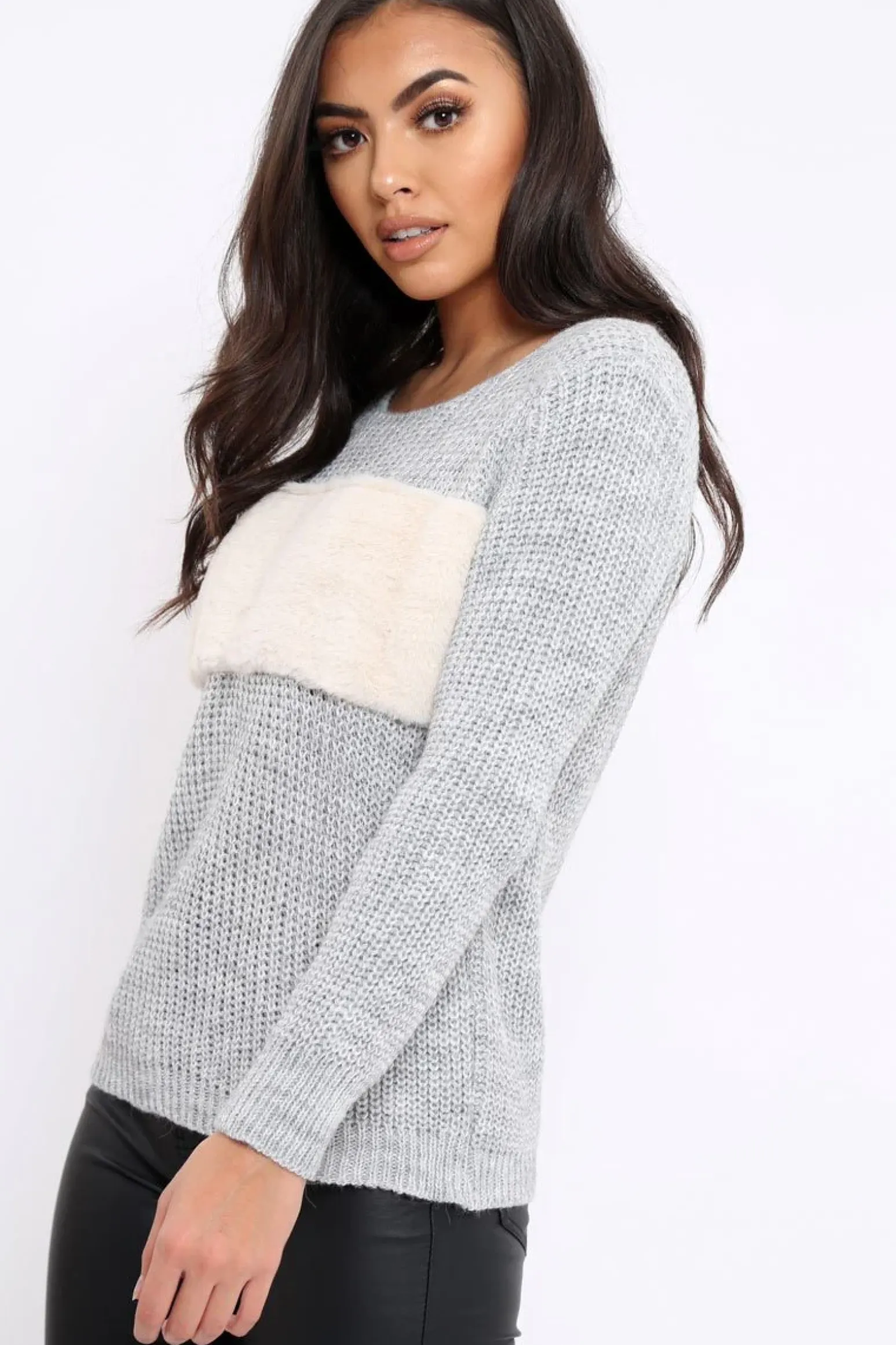Rebellious Fashion Grey Chunky Knit Faux Fur Front Panel Jumper - Ophelia