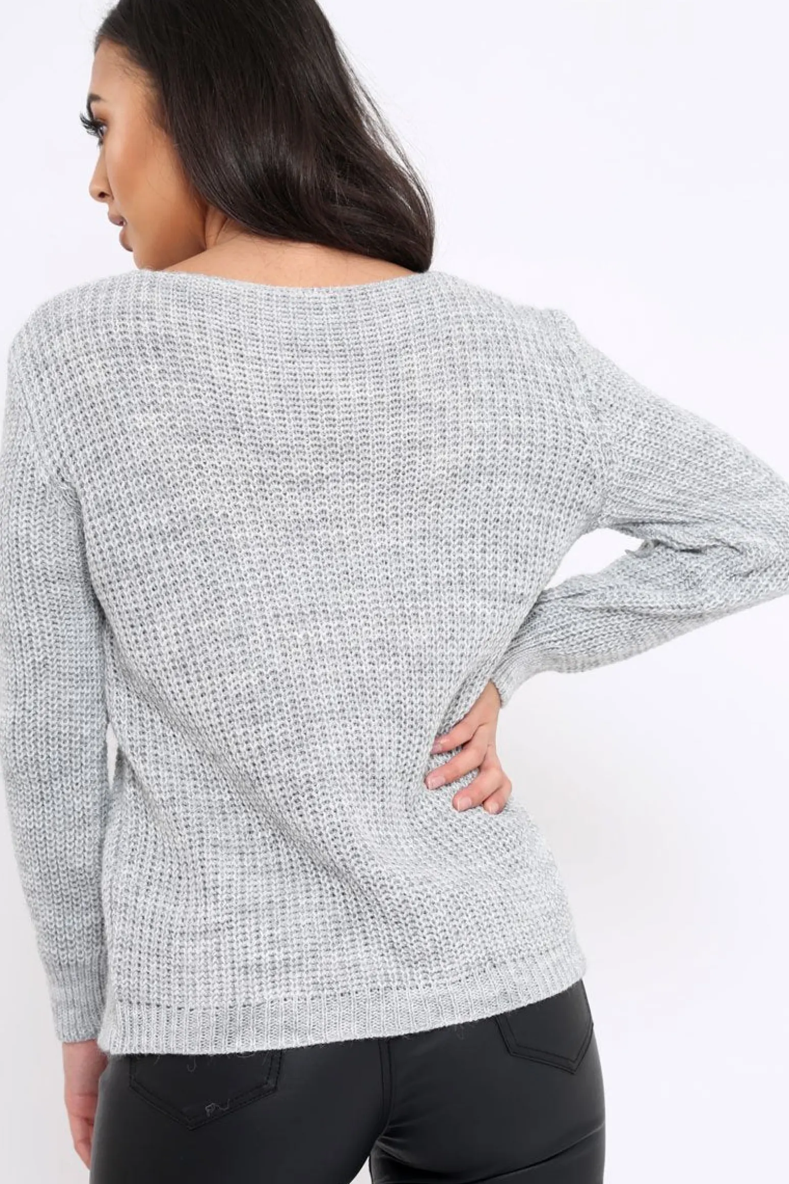 Rebellious Fashion Grey Chunky Knit Faux Fur Front Panel Jumper - Ophelia