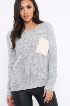 Rebellious Fashion Grey Chunky Knit Fur Pocket Jumper - Alois