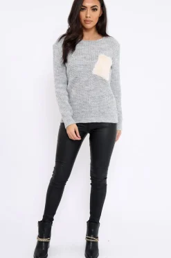 Rebellious Fashion Grey Chunky Knit Fur Pocket Jumper - Alois