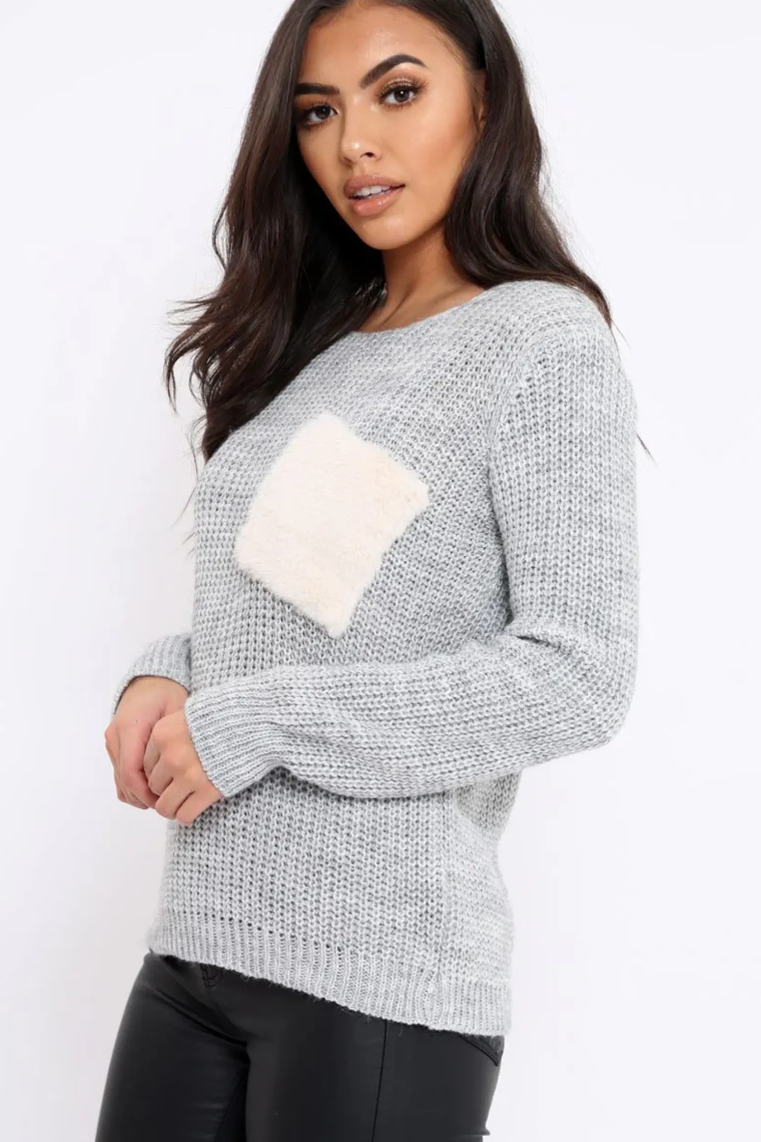 Rebellious Fashion Grey Chunky Knit Fur Pocket Jumper - Alois