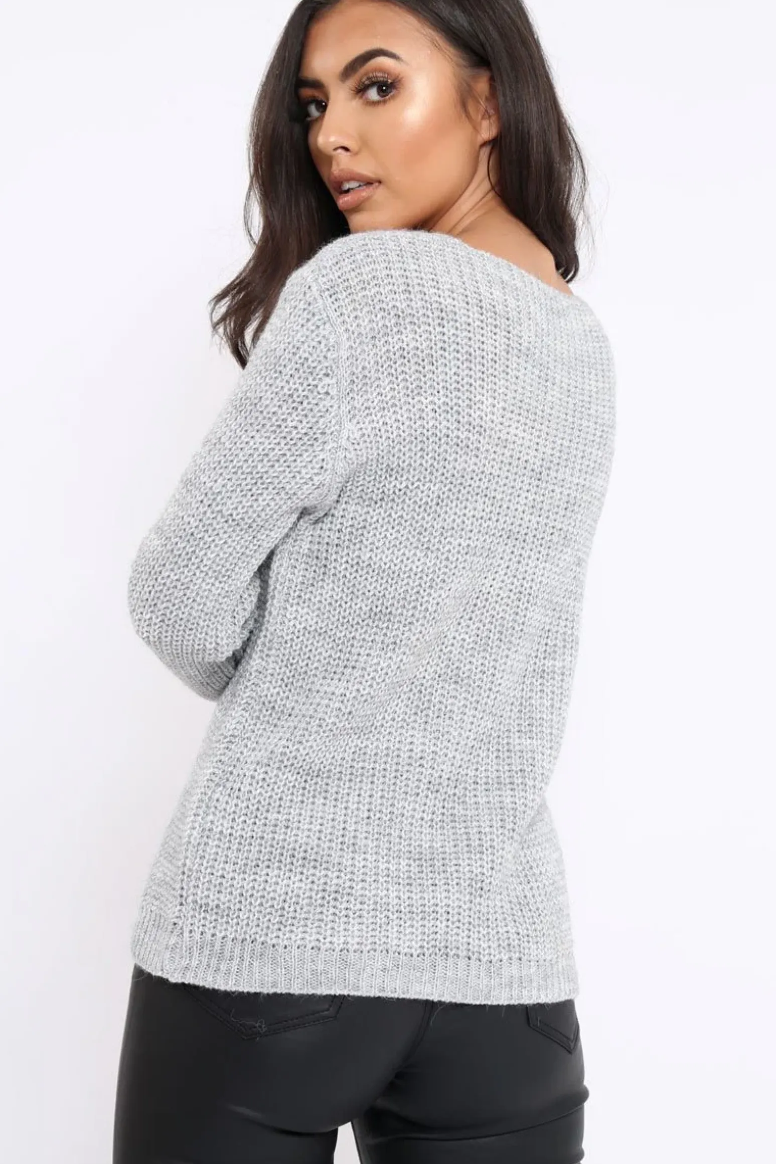 Rebellious Fashion Grey Chunky Knit Fur Pocket Jumper - Alois