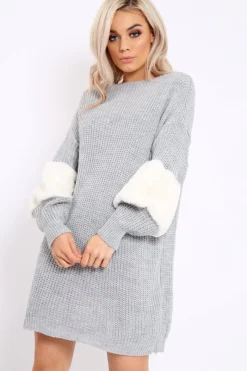 Rebellious Fashion Grey Chunky Knit Fur Sleeve Jumper Dress - Jaycee