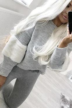 Rebellious Fashion Grey Chunky Knit Fur Sleeve Jumper - Kimberly