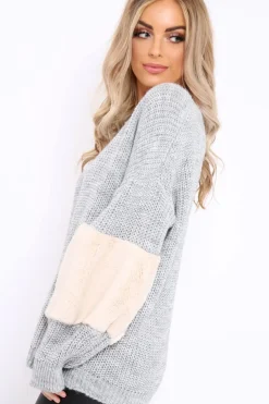 Rebellious Fashion Grey Chunky Knit Fur Sleeve Jumper - Kimberly
