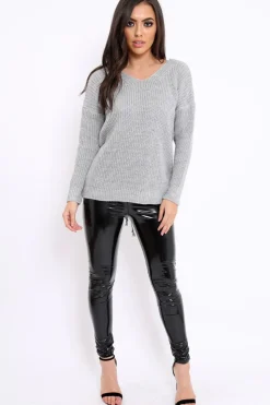 Rebellious Fashion Grey Chunky Knit Lace Up Back Jumper - Perrie