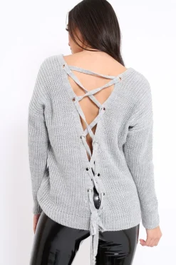 Rebellious Fashion Grey Chunky Knit Lace Up Back Jumper - Perrie