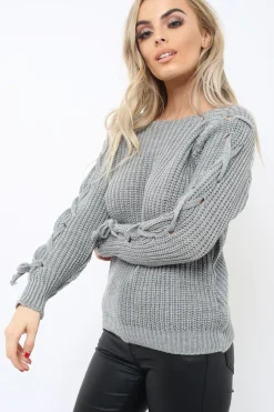 Rebellious Fashion Grey Chunky Knit Lace Up Sleeve Jumper - Sarah