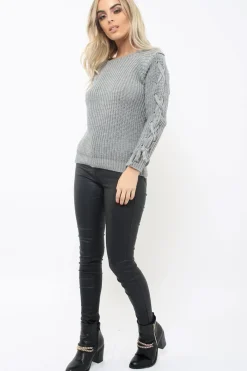Rebellious Fashion Grey Chunky Knit Lace Up Sleeve Jumper - Sarah