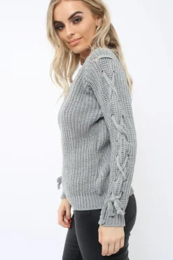 Rebellious Fashion Grey Chunky Knit Lace Up Sleeve Jumper - Sarah