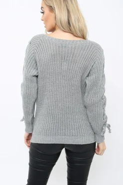 Rebellious Fashion Grey Chunky Knit Lace Up Sleeve Jumper - Sarah