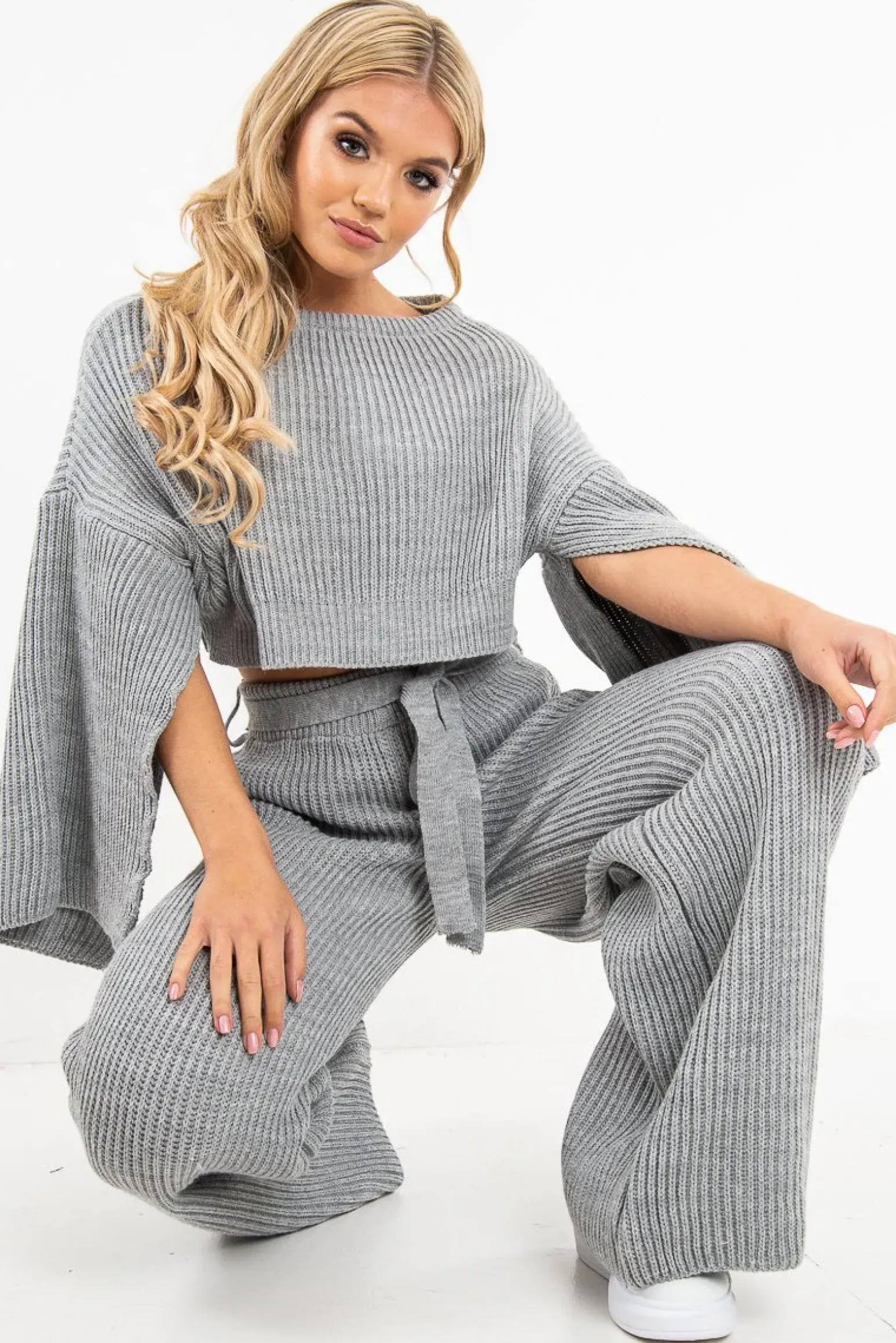 Rebellious Fashion Grey Chunky Knit Loungewear Set - Harper