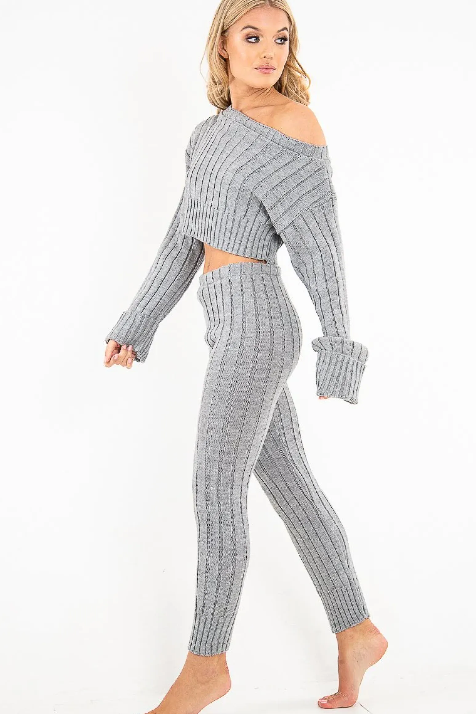 Rebellious Fashion Grey Chunky Knit Loungewear Set - Wynter